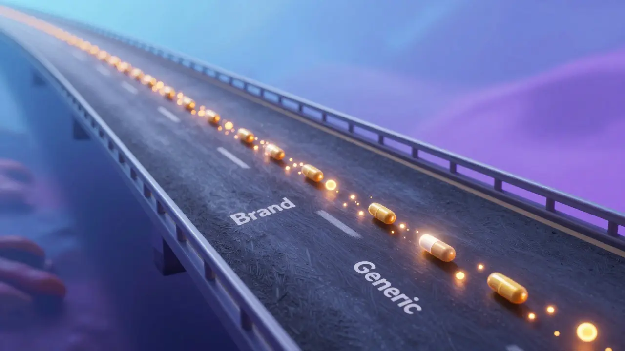 Glowing particles traveling in parallel lanes through a stylized bloodstream to show bioequivalence.