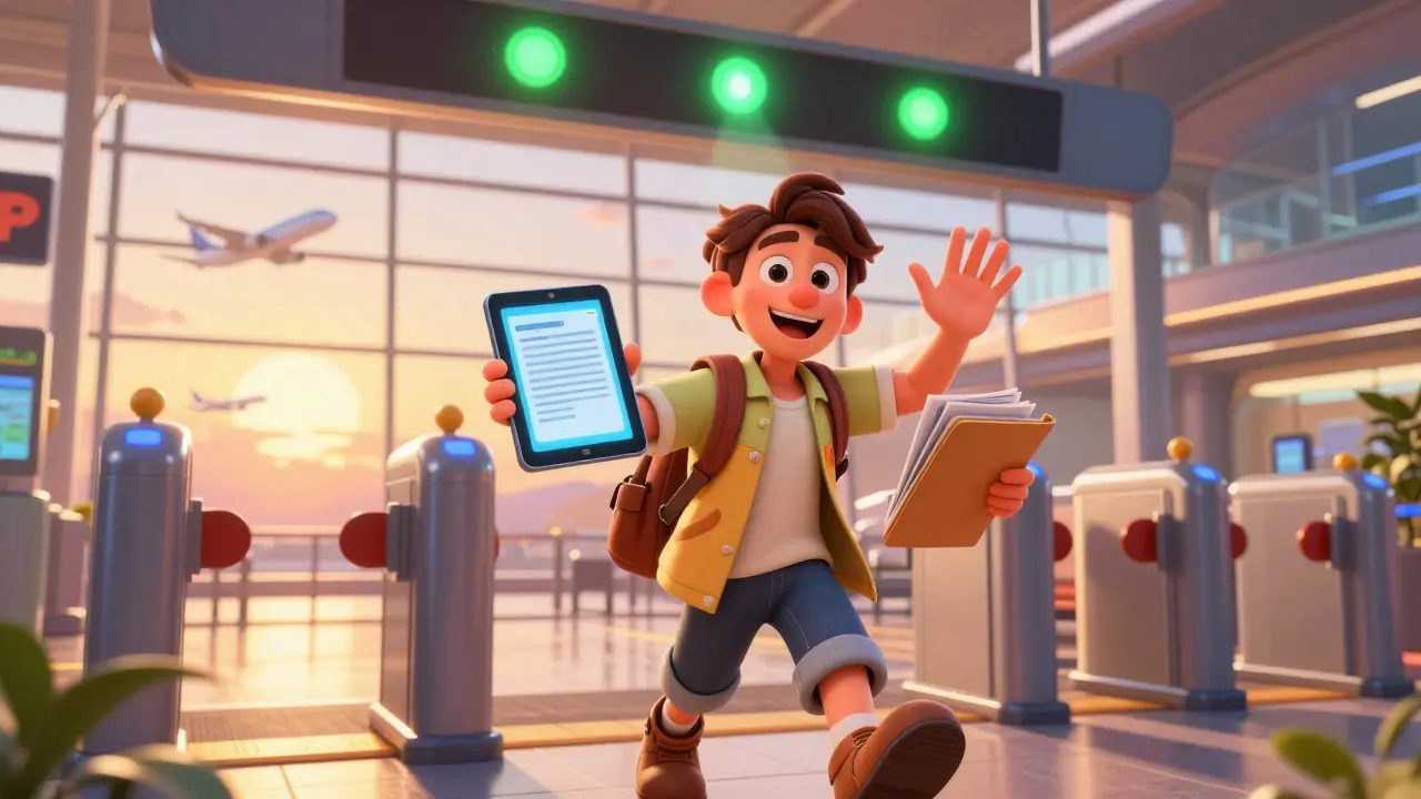 Happy traveler successfully passing through airport customs with paperwork