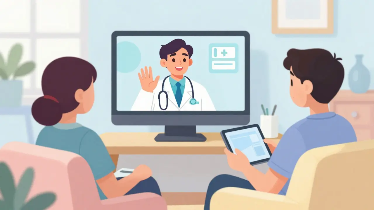 Patient having a friendly virtual doctor's appointment via a computer screen.