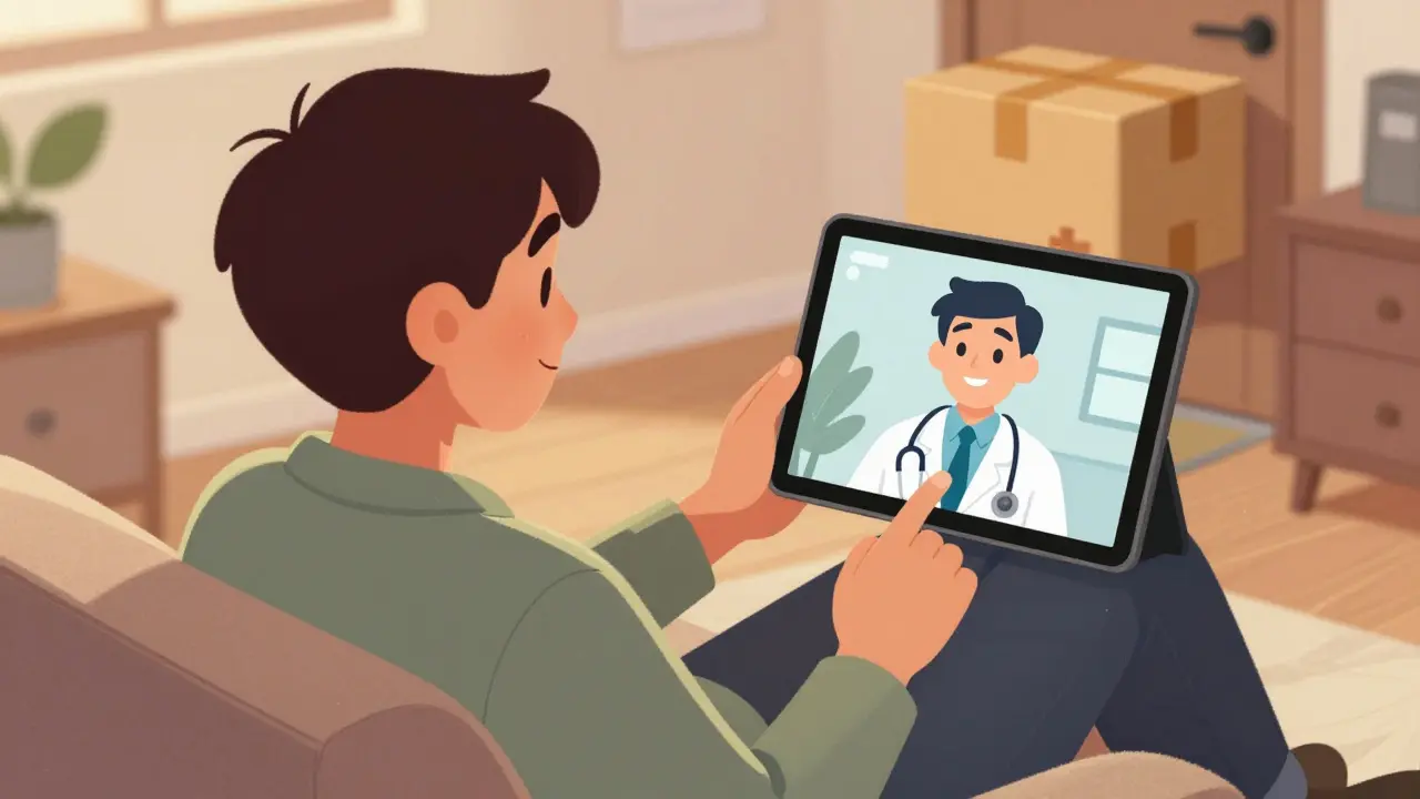 Person having a friendly telehealth consultation from a cozy home setting