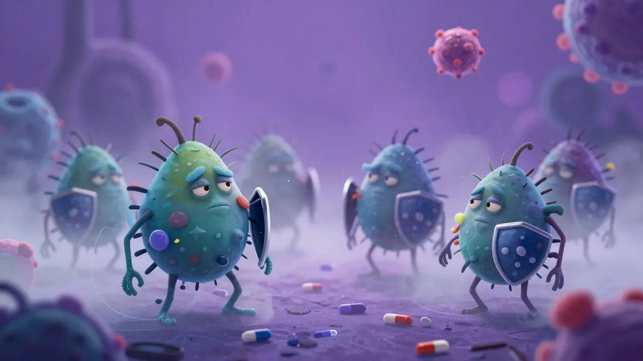 Stylized bacteria wearing armor to show the development of antimicrobial resistance