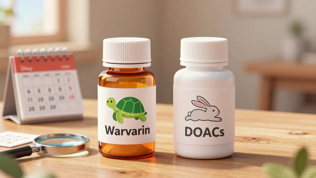 Two medicine bottles with turtle and rabbit icons comparing different blood thinners.