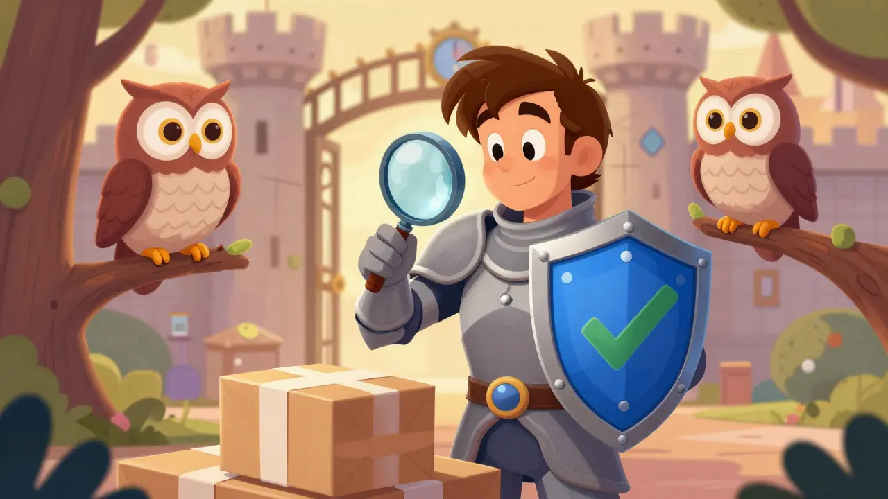 A knight protecting a medicine package with a shield, symbolizing safe and verified online pharmacy choices.