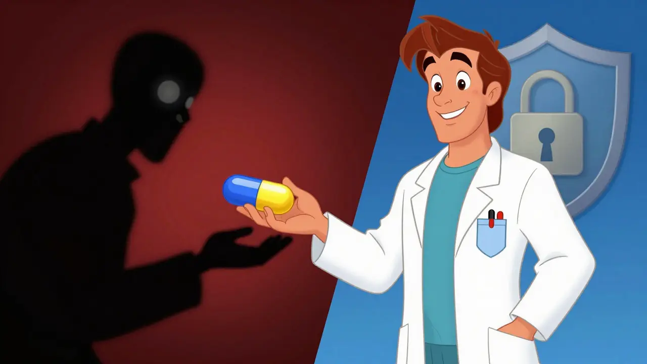Cartoon comparison of fake scam site vs legitimate pharmacy