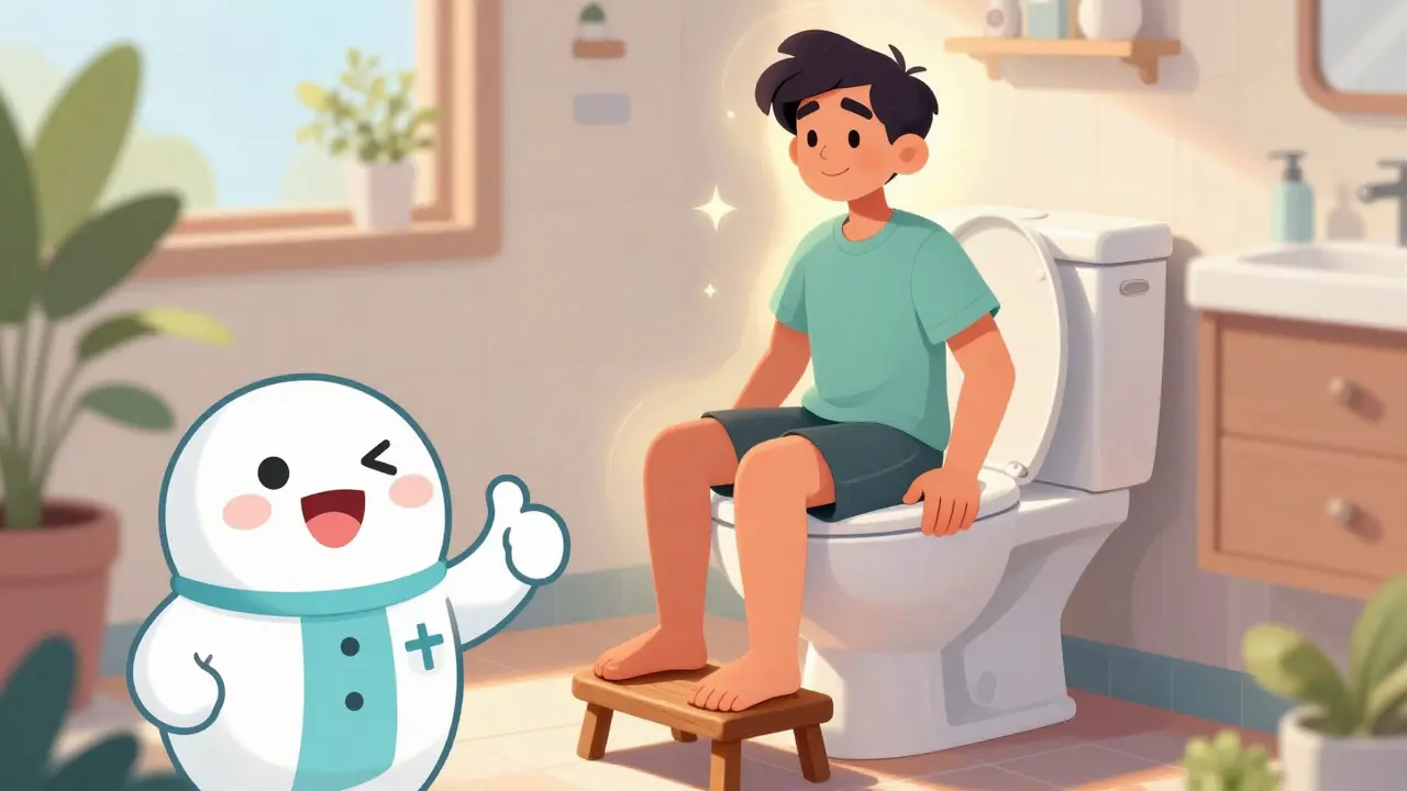Character using footstool for better posture while relaxing
