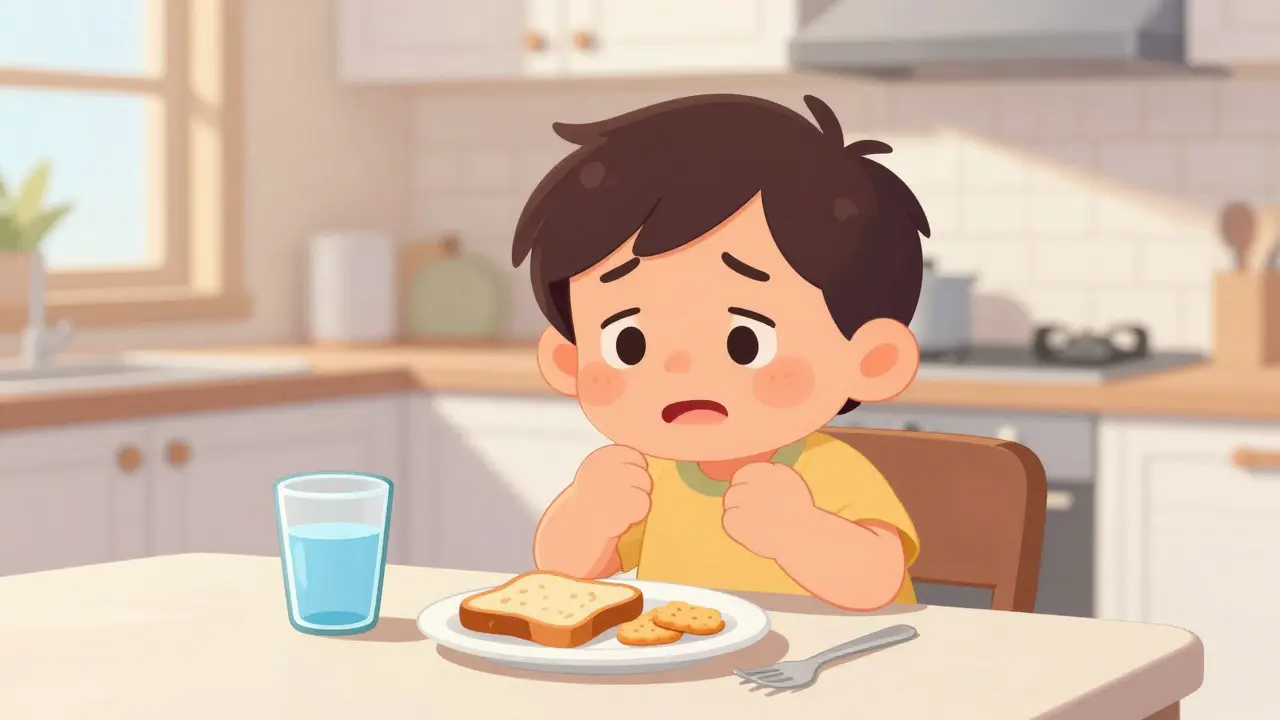 Cheerful cartoon patient eating bland meal and drinking water