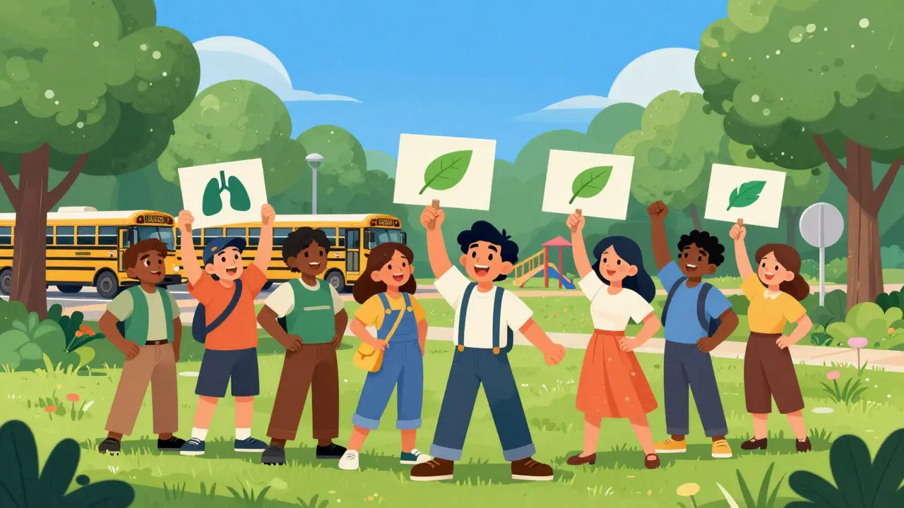 Community advocating for clean air policies near a school playground