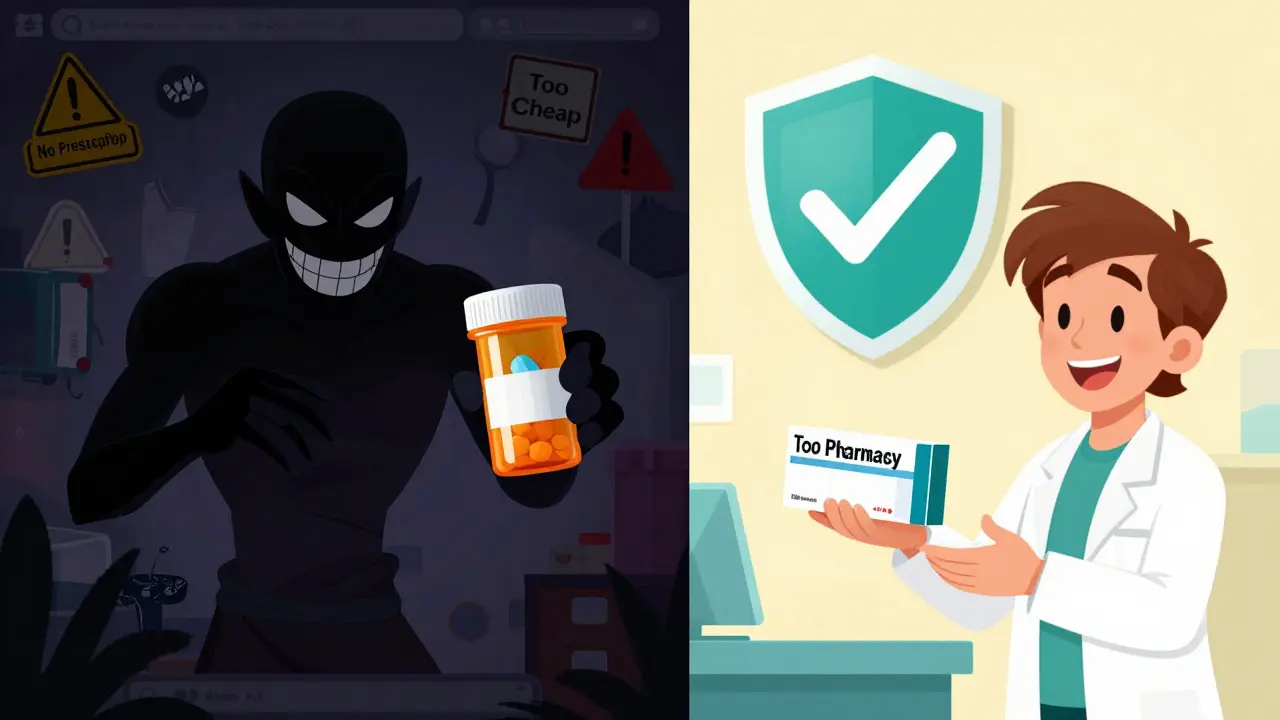 Contrast between shady fake pharmacy and verified safe source