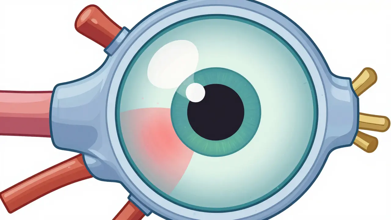 Cross-section of an eye highlighting the inflamed uvea layer