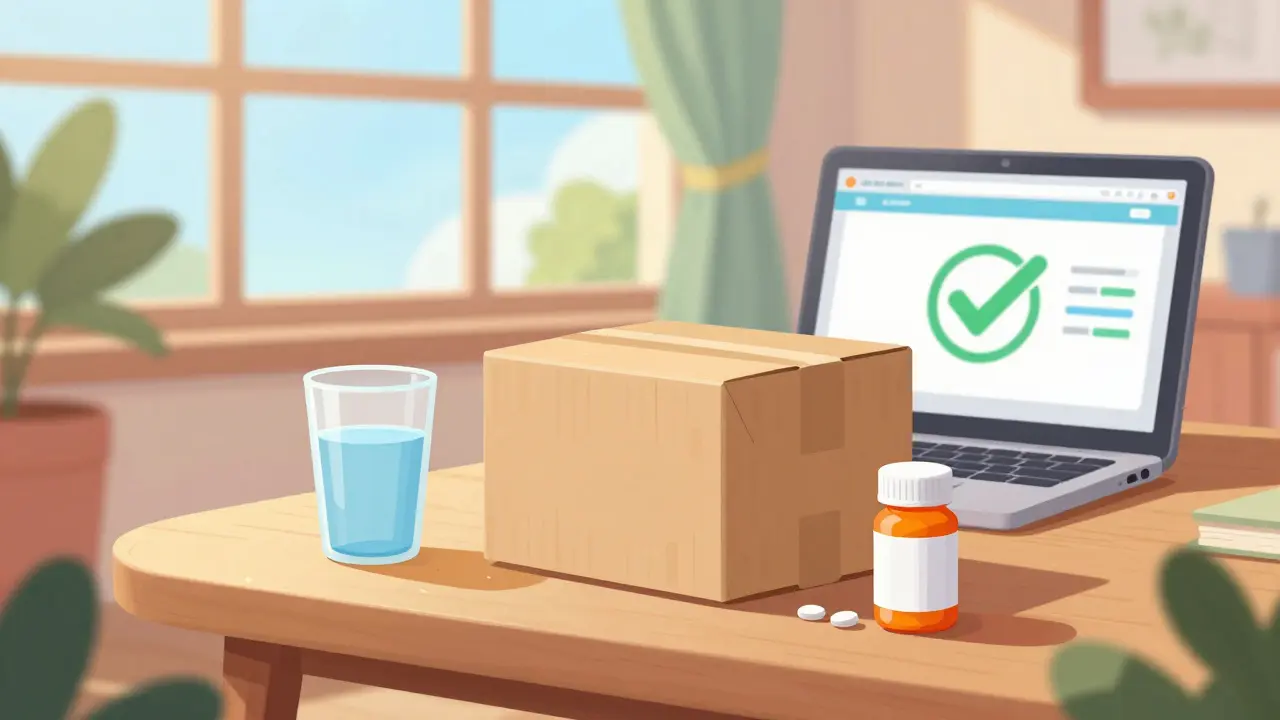 Delivery package on table with sunlight, safe online pharmacy