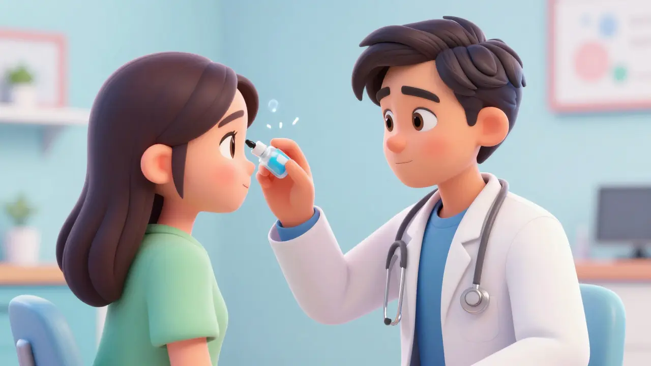 Doctor gently applying eye drops to treat inflammation