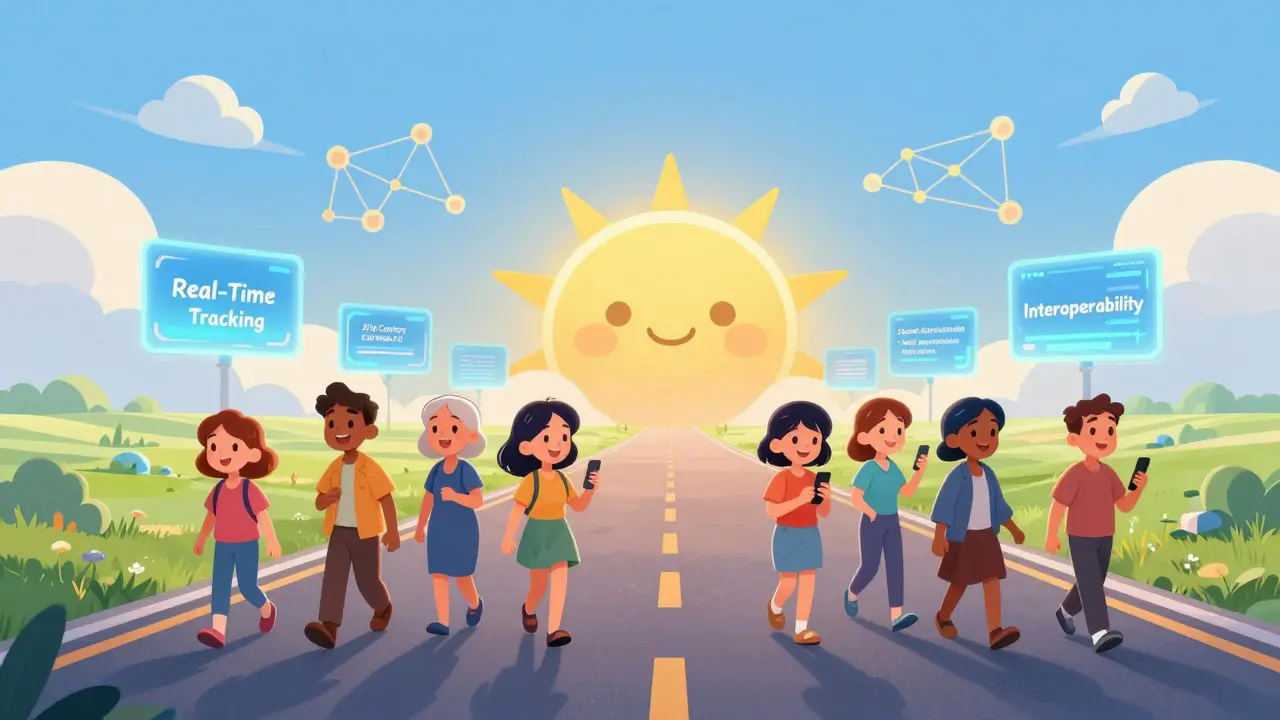 Futuristic timeline showing future trends in digital health interoperability