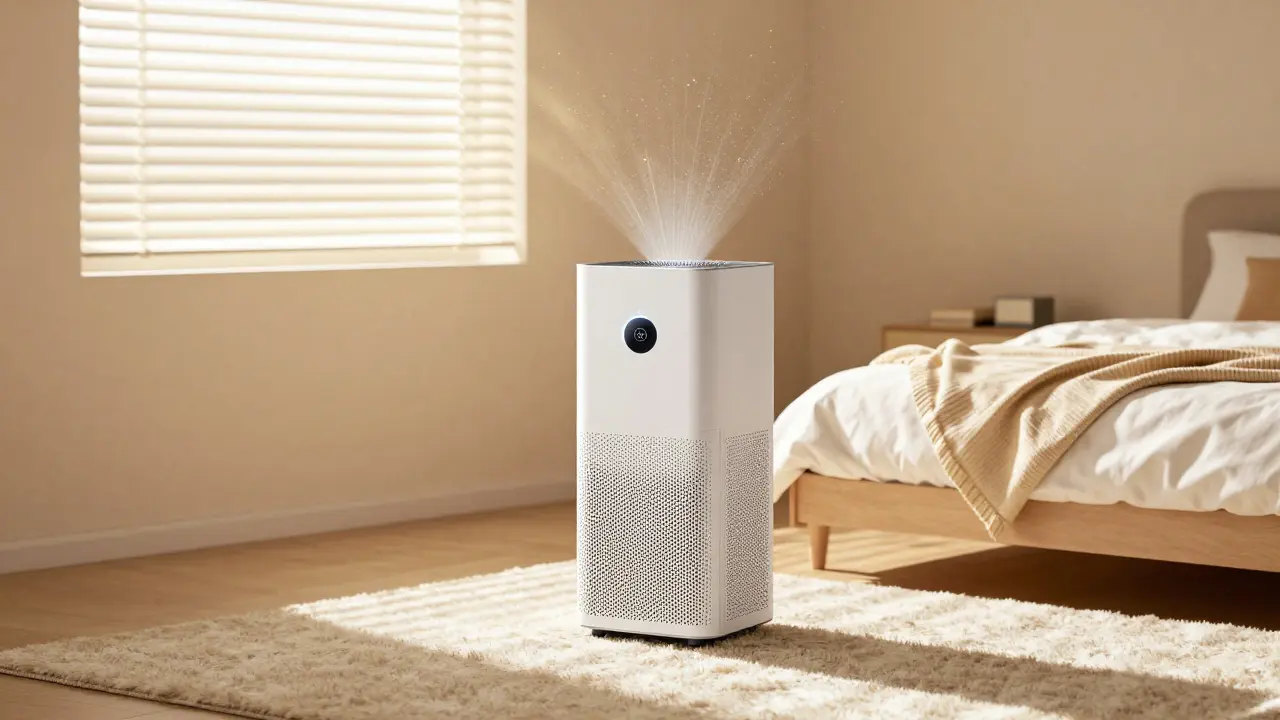 HEPA air purifier cleaning the air in a cozy, sunlit bedroom