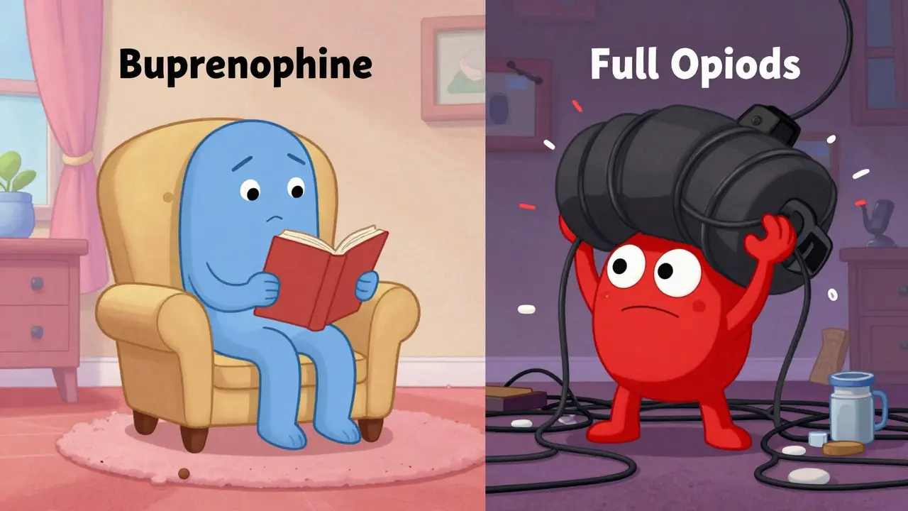Illustration comparing stable buprenorphine user vs chaotic full opioid effects.