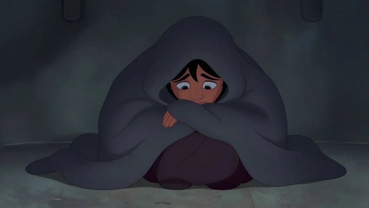 Illustration of a character weighed down by dark shadows, representing constant depression.