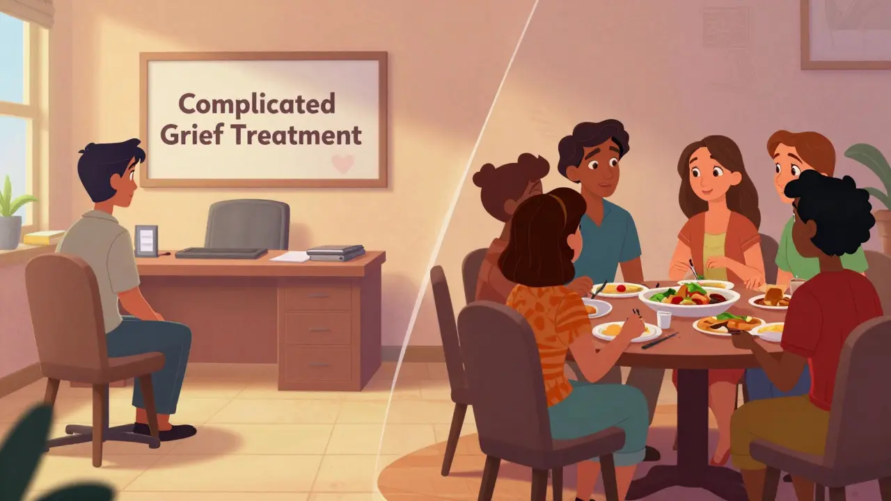 Illustration showing therapy and social support as paths to healing from grief and depression.