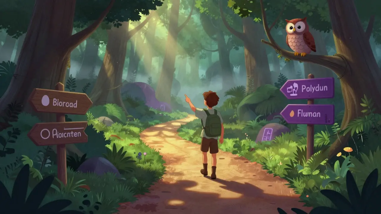 Patient walking safe path away from dangerous drug mixtures in cartoon style.