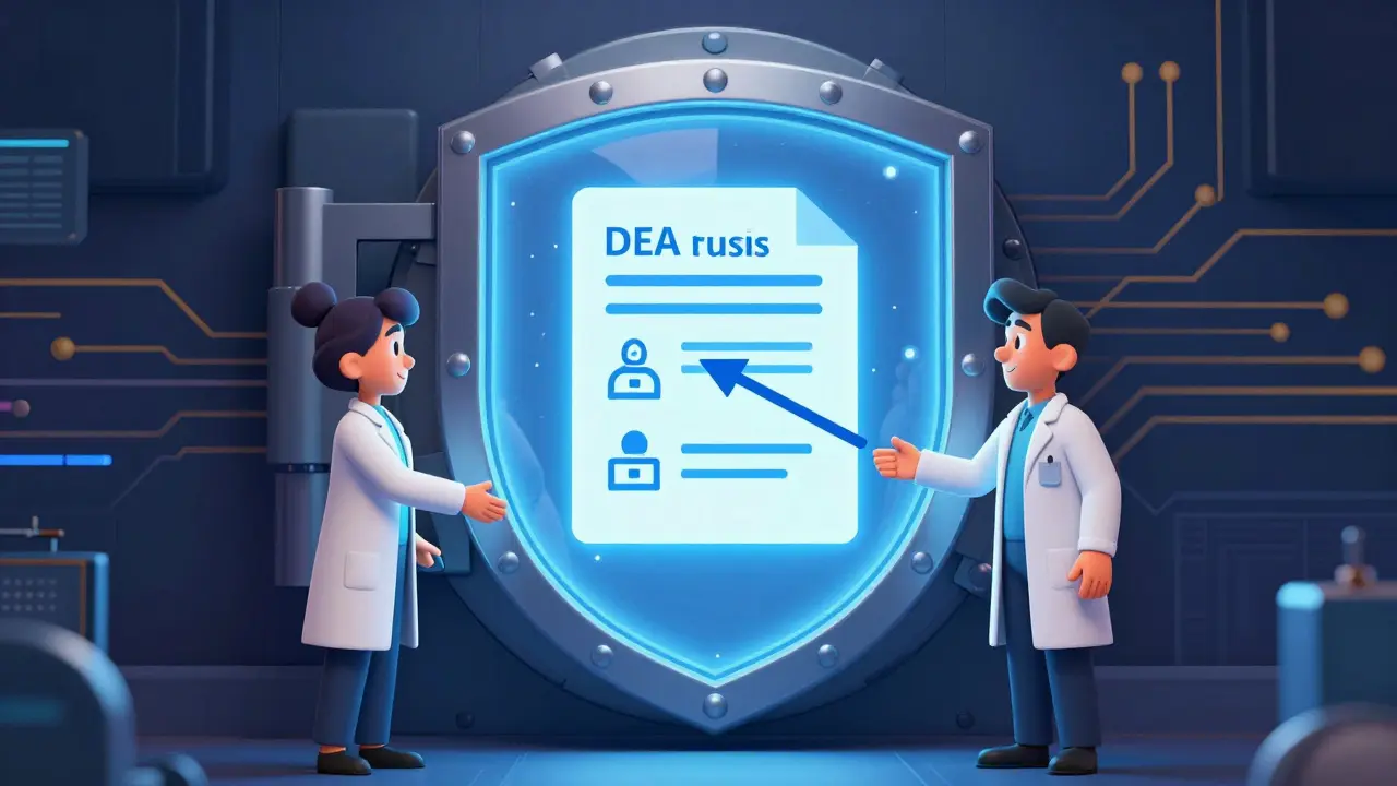 Secure digital shield protecting a prescription with single-transfer limit icons