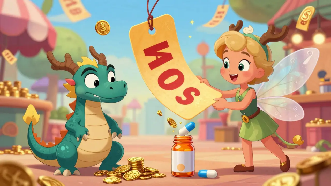 Whimsical illustration comparing high costs with discounted prices using magical fantasy elements.