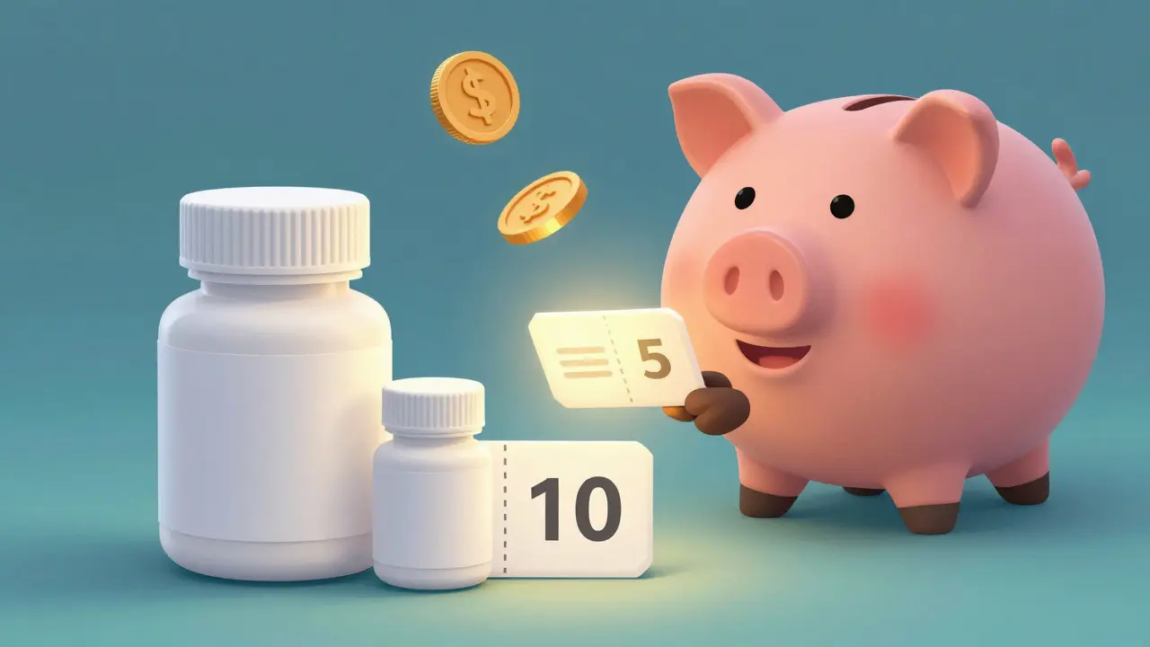 Character using a discount coupon to save money on generic pills