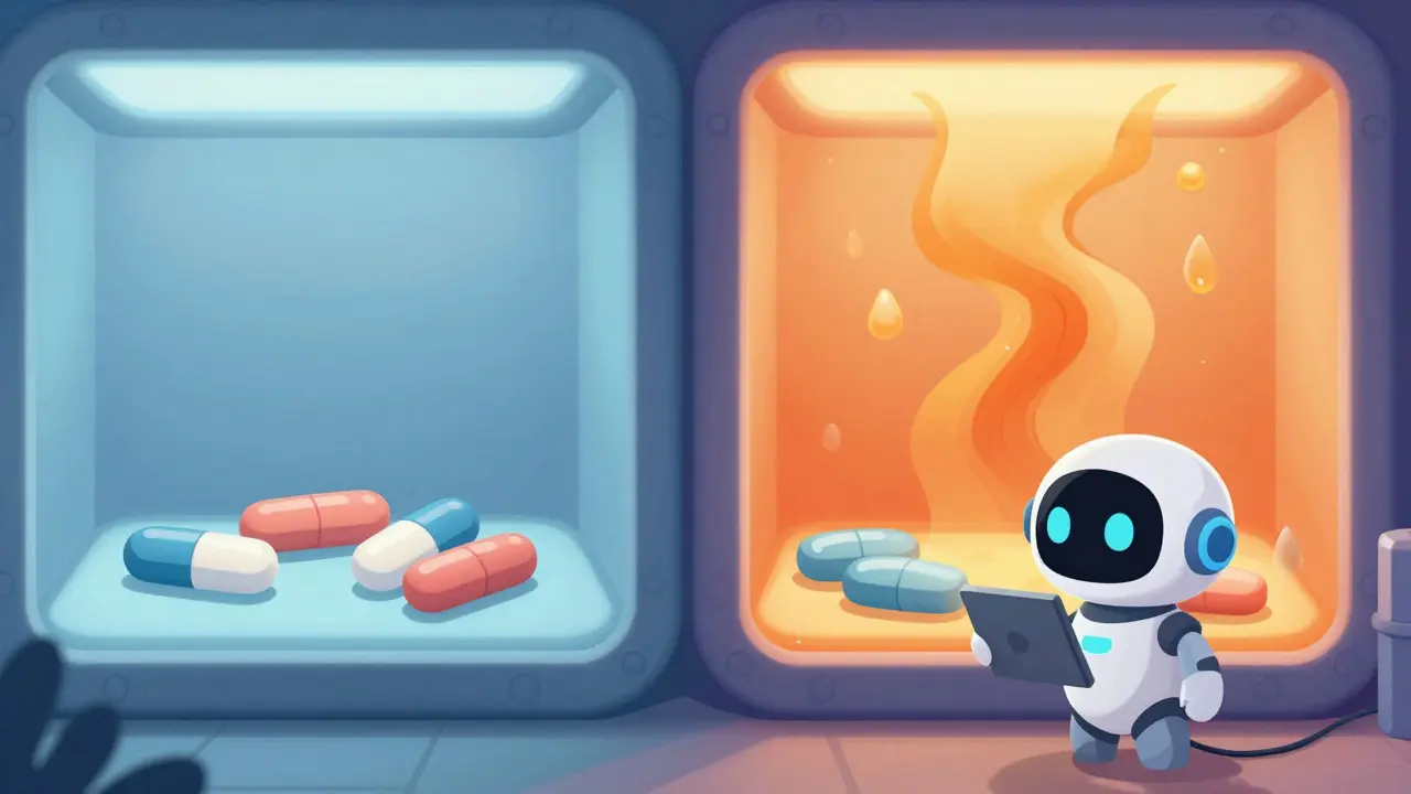 Disney-style illustration of real-time vs accelerated drug testing environments