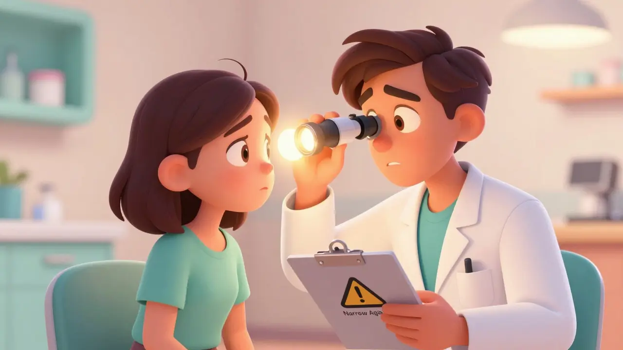 Doctor examining patient eye with glowing lens in clinic