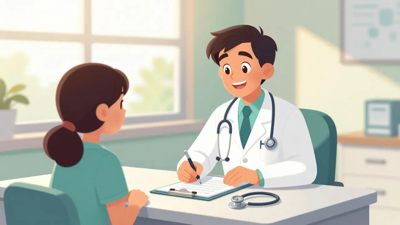 Friendly doctor consulting with patient in bright clinic
