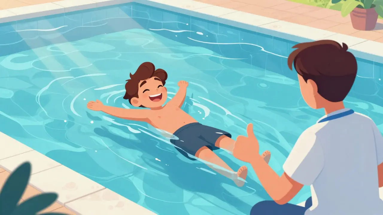Happy character swimming in a pool for low-impact joint exercise