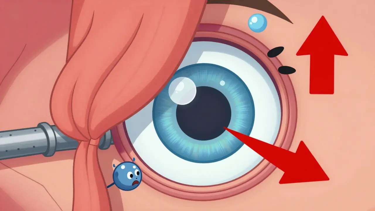 Illustration showing blocked eye drainage causing pressure buildup