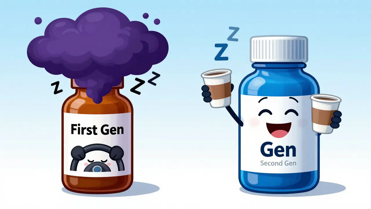 Illustration showing sleepy vs alert effects of different antihistamines