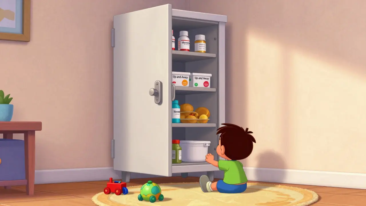 Locked medicine cabinet high on wall, child playing below