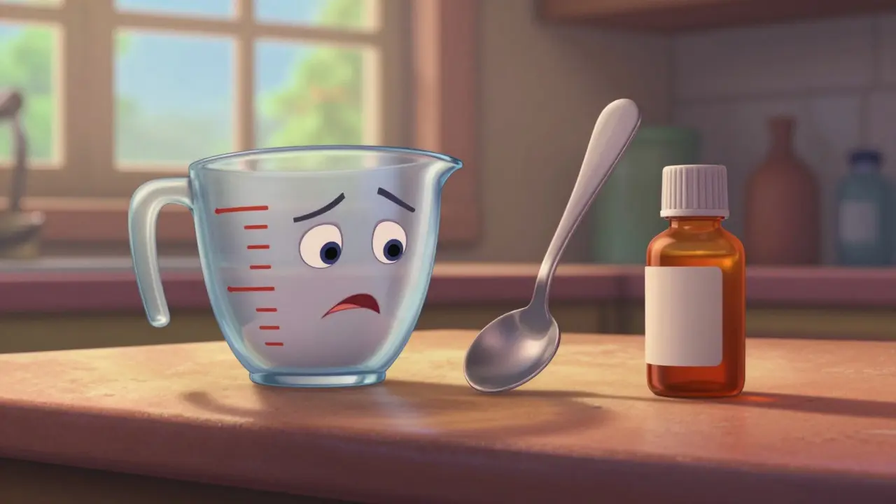 Measuring cup vs kitchen spoon for liquid meds in Disney style