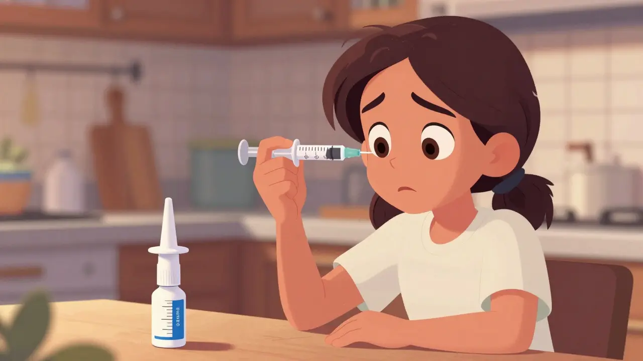 Parent measuring medicine with syringe and naloxone nearby
