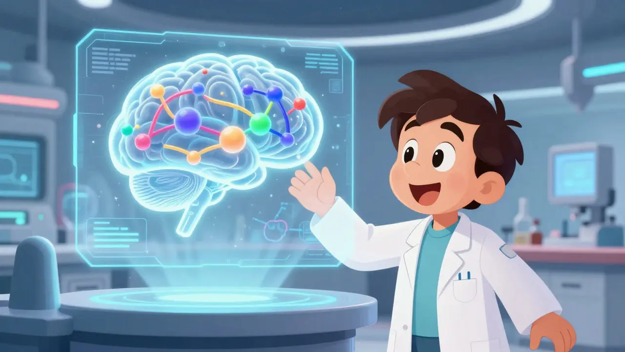 Scientist using AI hologram to predict drug stability in a cartoon lab