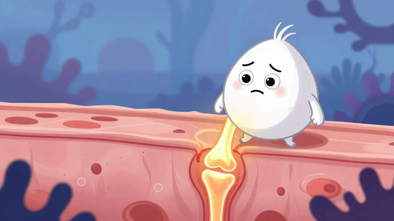 Stylized immune cell confusingly attacking healthy joint and skin tissues