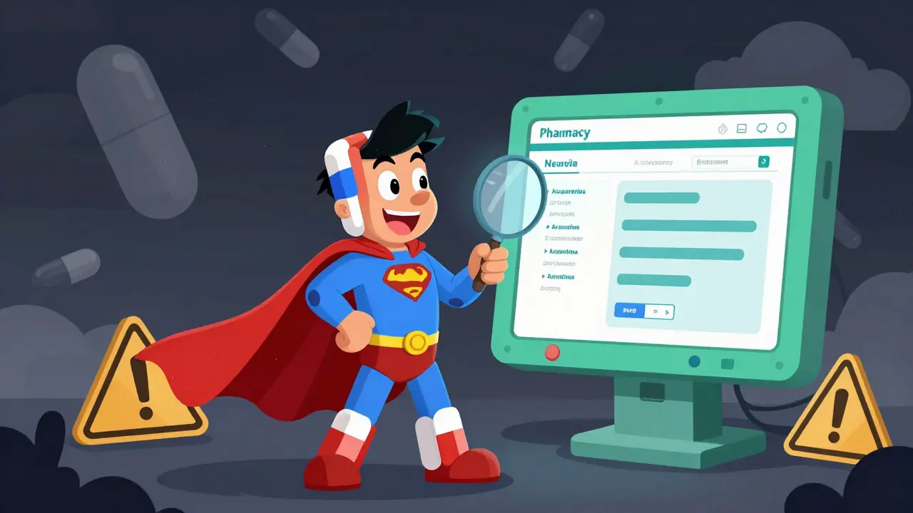 A superhero protecting patients from fake drugs by verifying safe online pharmacies in Disney art.