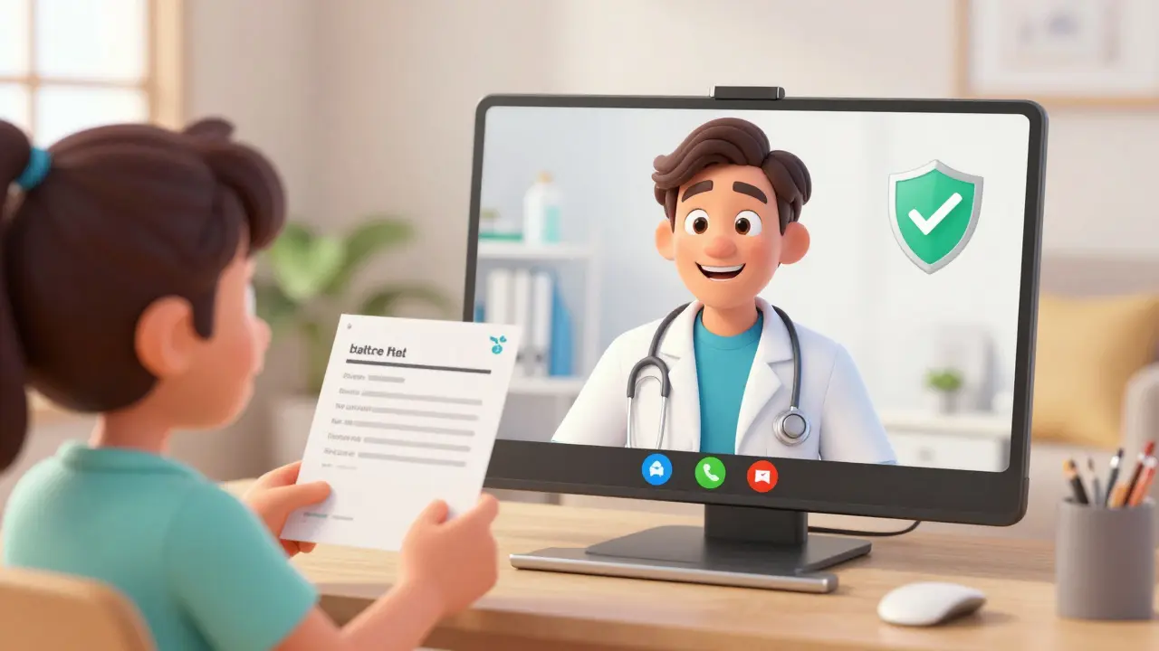 Cartoon doctor on video call prescribing safe medication digitally