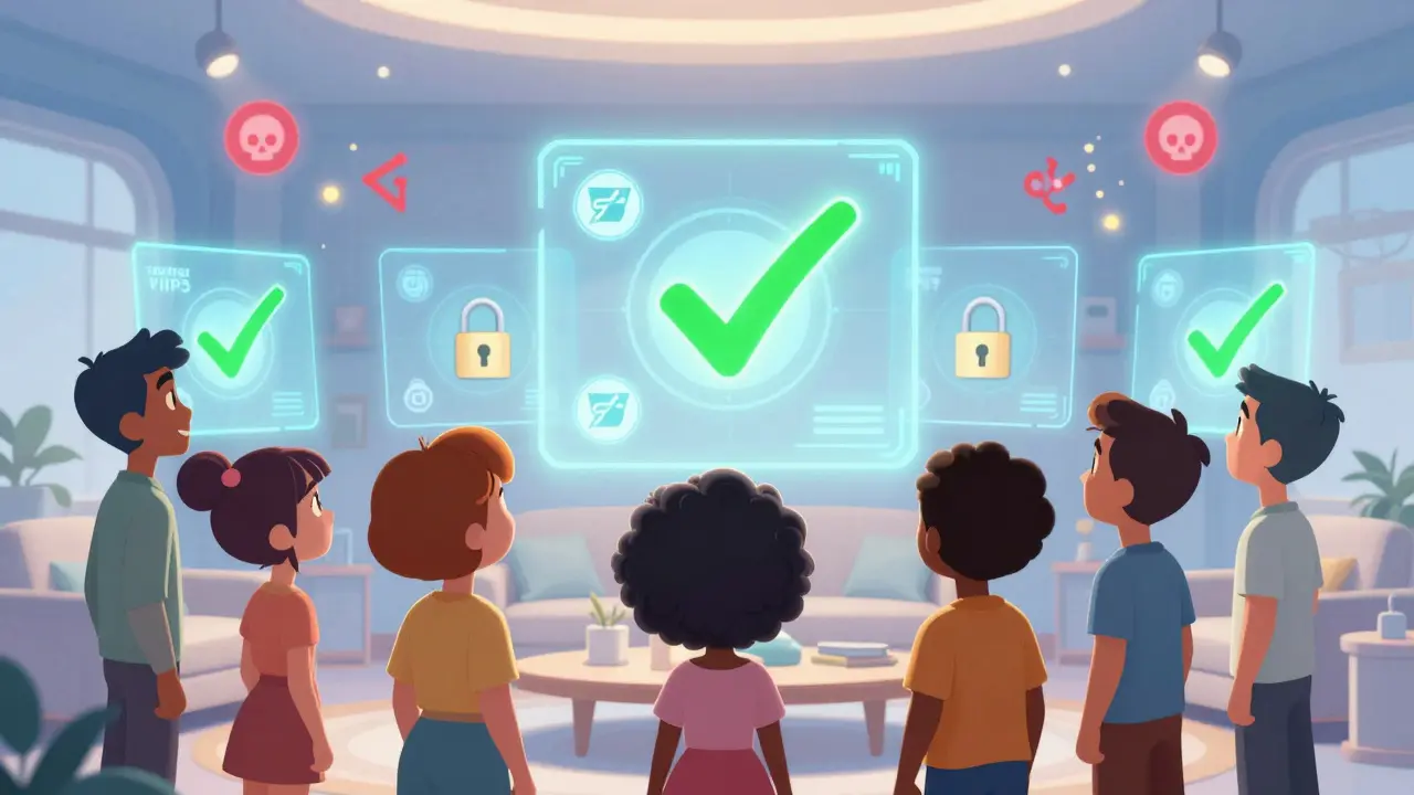 Characters checking safe online pharmacy seals on holographic screens