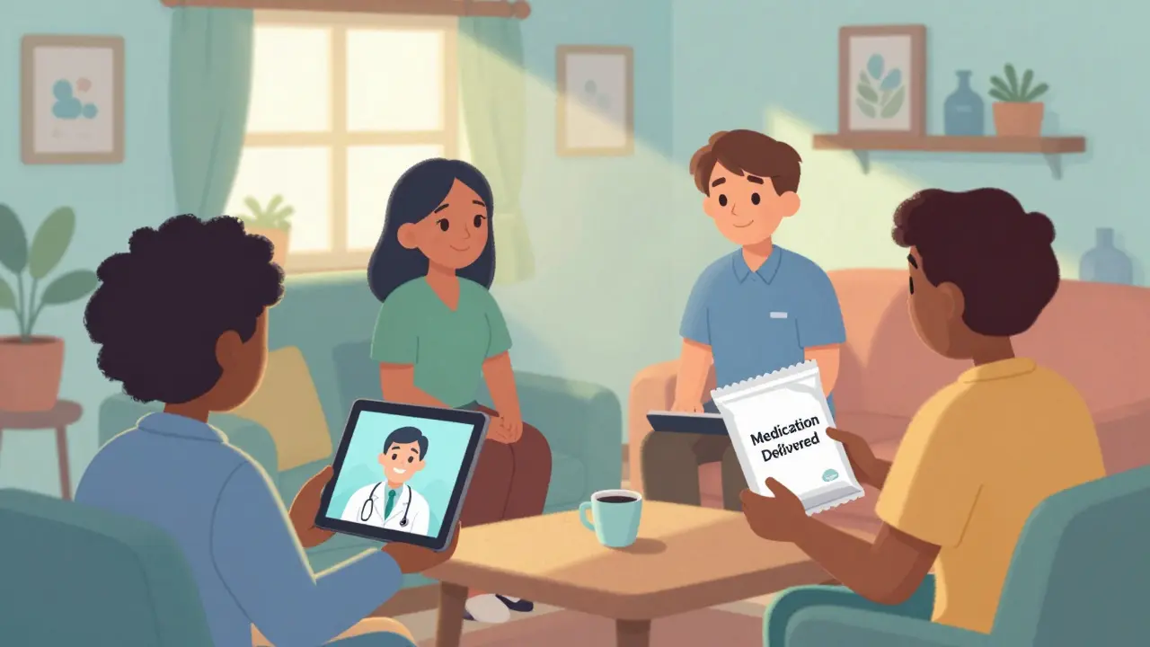 Characters using telemedicine tablets and receiving medication packages at home in Disney style.