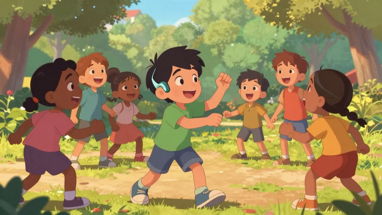 Child with hearing aid playing happily with friends in a park