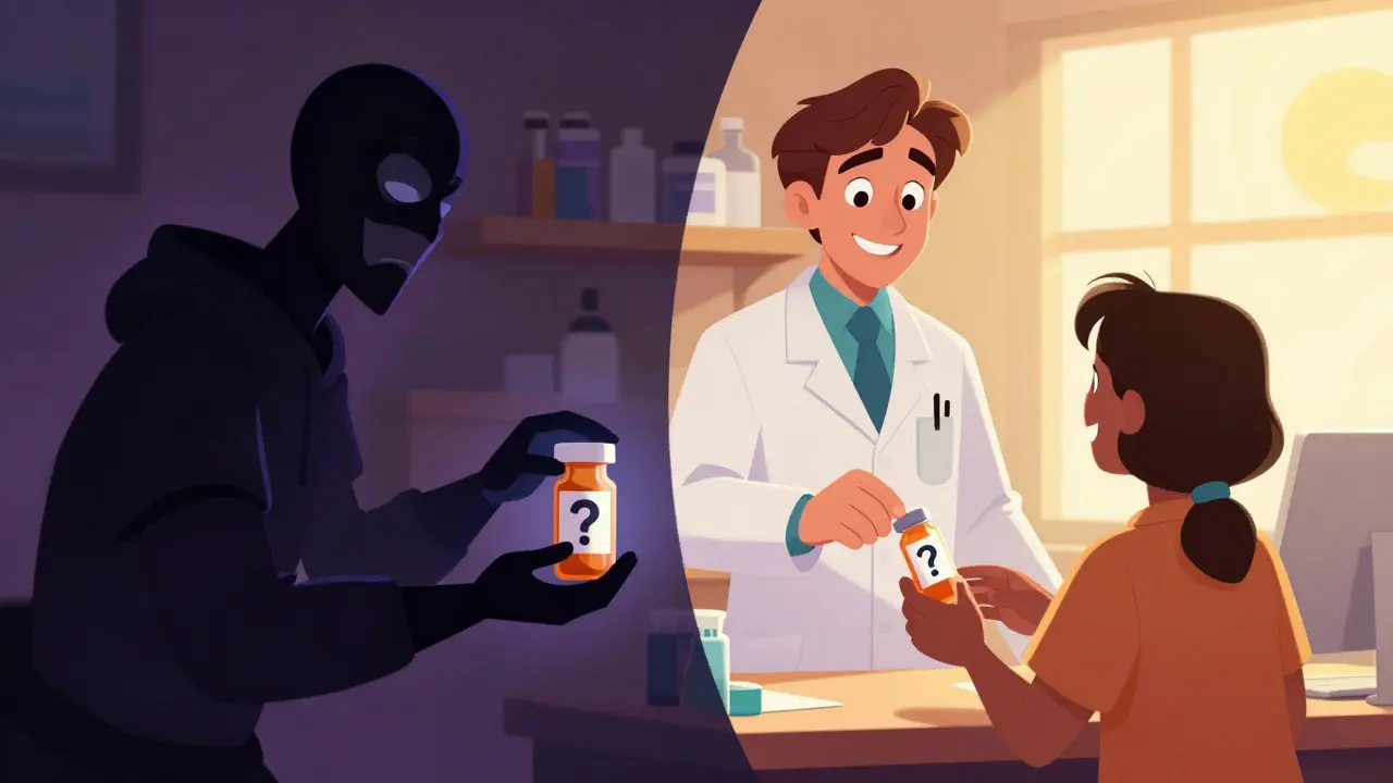 Contrast between shady fake pharmacy and safe legitimate one