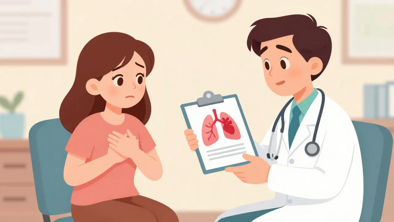 Doctor reassuring a patient about breathing side effects during a consultation.