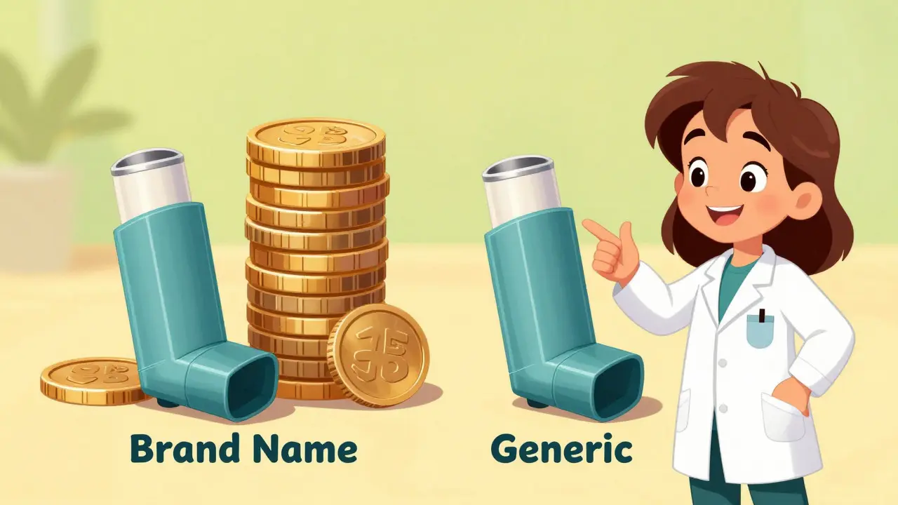 Friendly pharmacist comparing cheap generic vs expensive brand inhalers