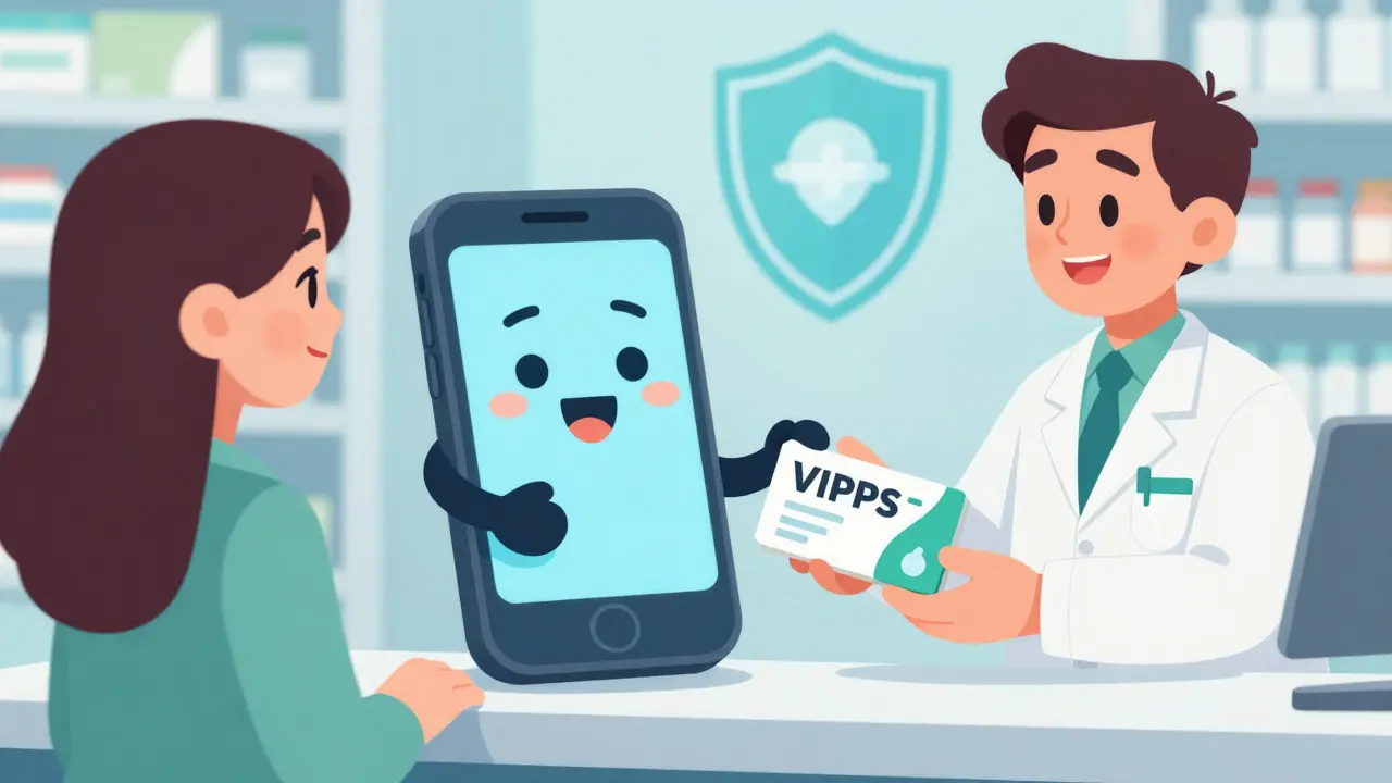 Friendly smartphone character showing coupon at pharmacy counter