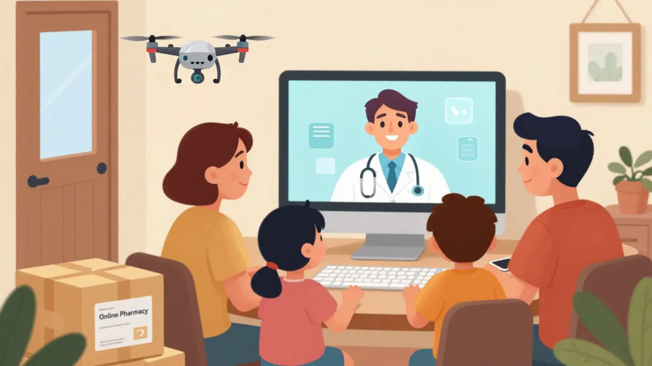 Happy family receiving online prescription delivery via video consult