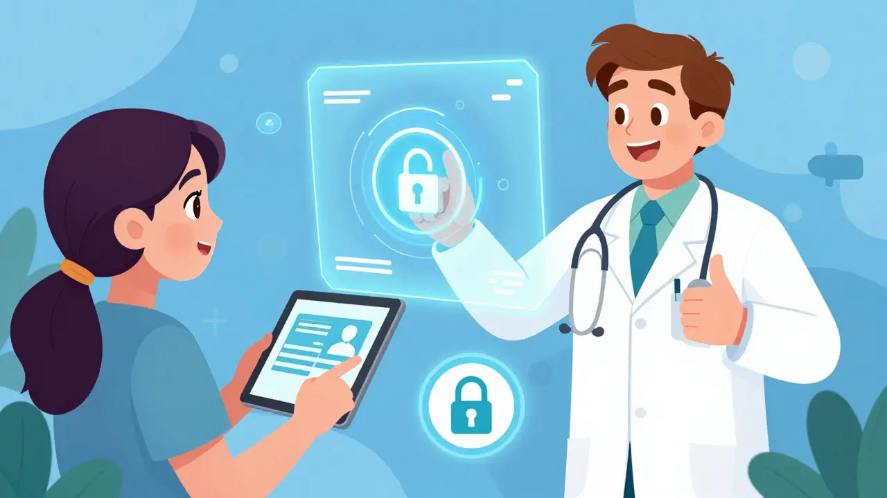 Happy patient using telehealth and safe online pharmacy tools