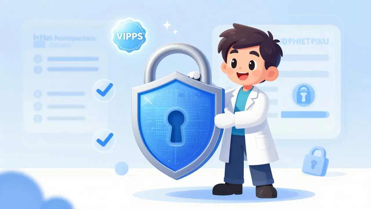 Illustration of safe online pharmacy verification and security