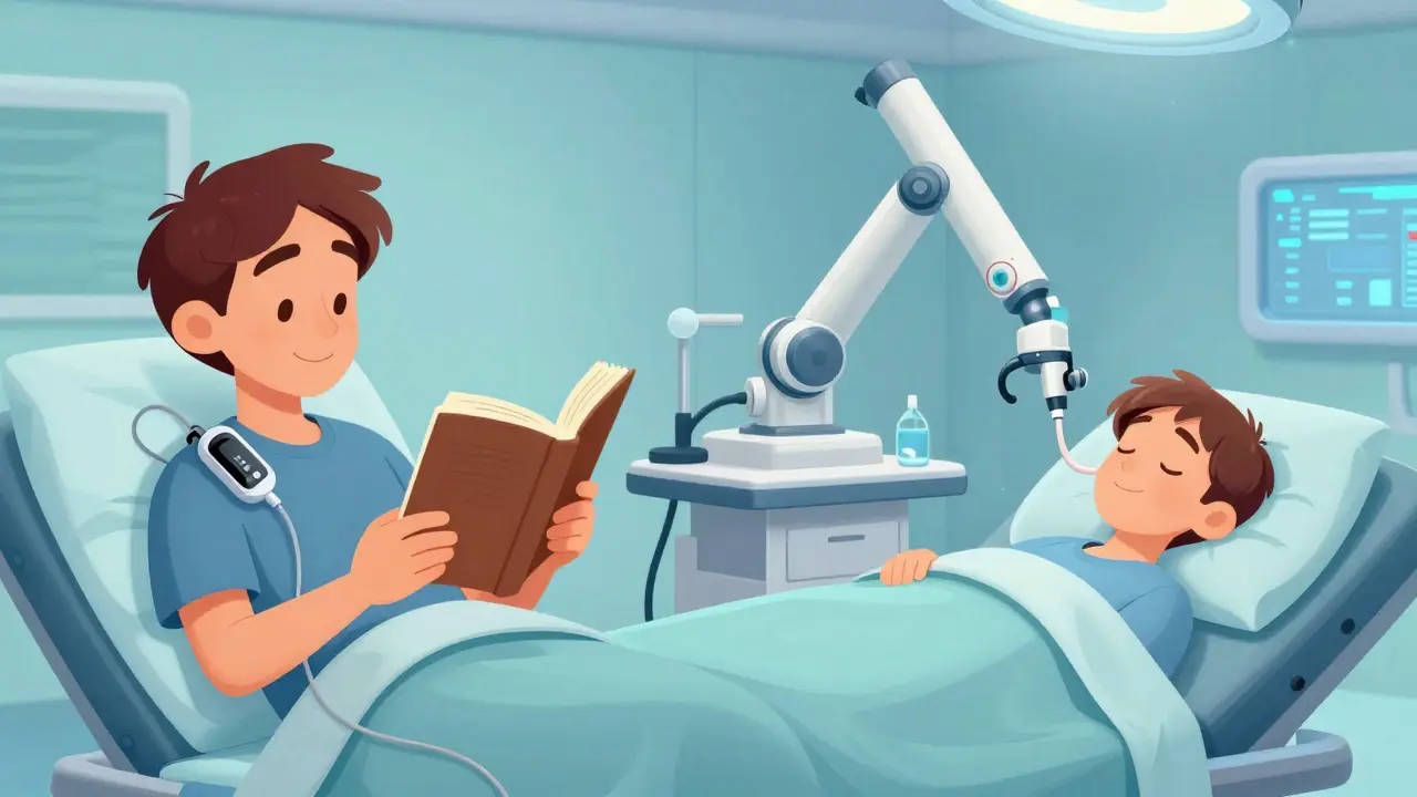 Illustration of SCS trial phase at home and permanent implant surgery in a gentle setting.