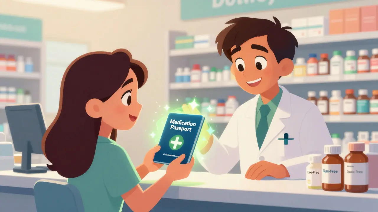 Patient showing allergy passport to smiling pharmacist in bright pharmacy