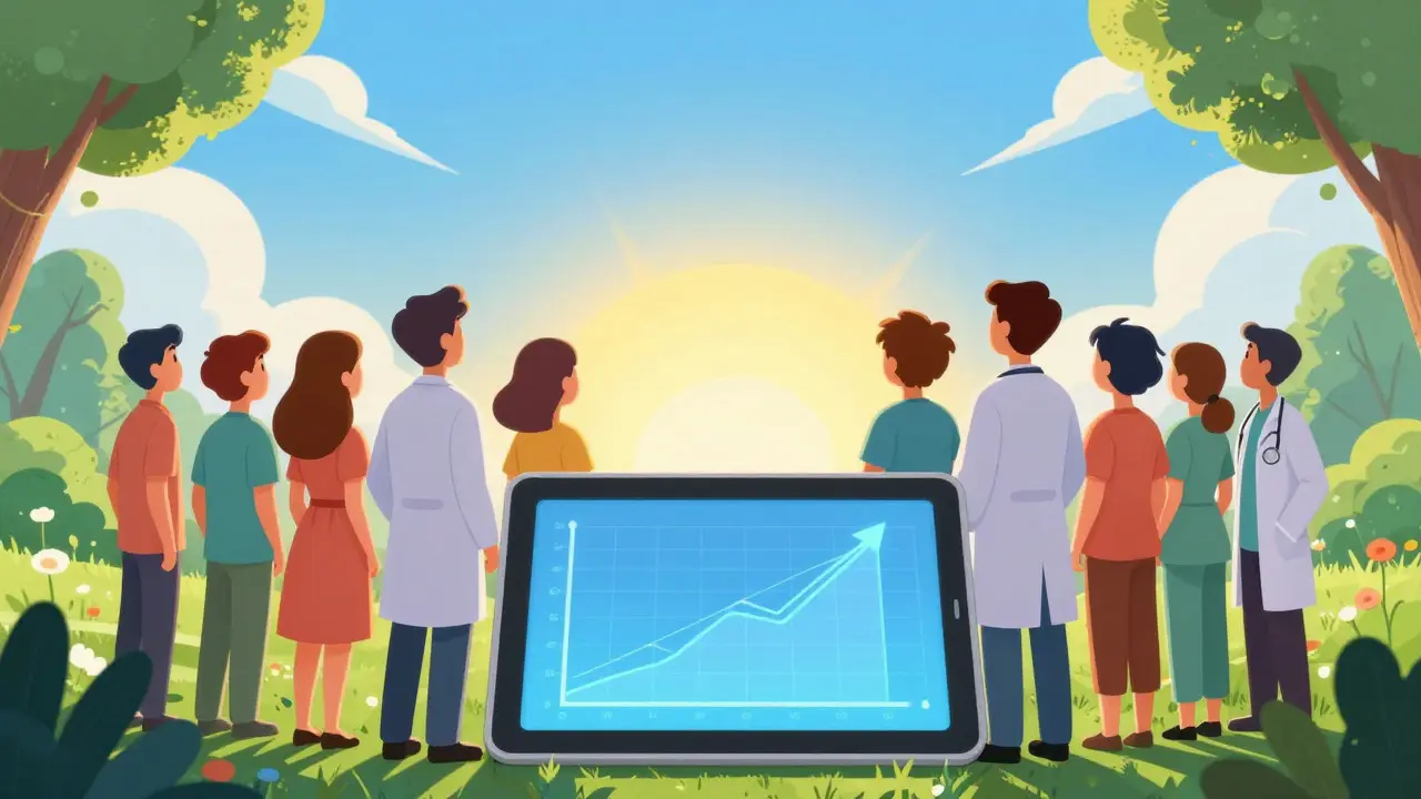 Patients and doctors celebrating successful health outcomes under a bright sky.